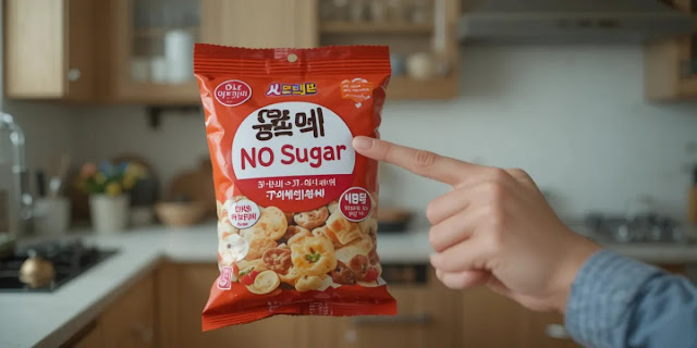 당류가 적은 제품을 골라내는 세심한 모습 무설탕 표시가 적힌 간식 패키지를 유심히 살피는 모습