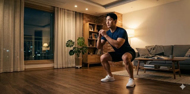 하체 근력 강화 운동 모습 거실에서 정확한 자세로 스쿼트하는 모습