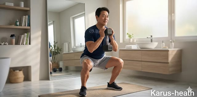 기초 대사량을 높이기 위해 하체 근력 운동에 집중하는 모습 마른 비만 근육 늘리기 위해 스쿼트 운동하는 모습