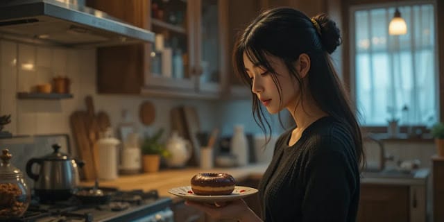 수면 부족으로 식욕 호르몬이 불균형해진 장면 늦은 밤 주방에서 단 음식을 보며 갈등하는 모습