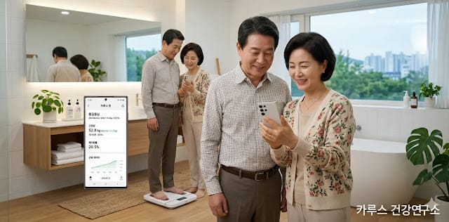 인바디 수치에 따라 근육과 지방을 구분하는 모습 체중계 수치로 나잇살 근육 손실 구별 방법 분석하는 모습