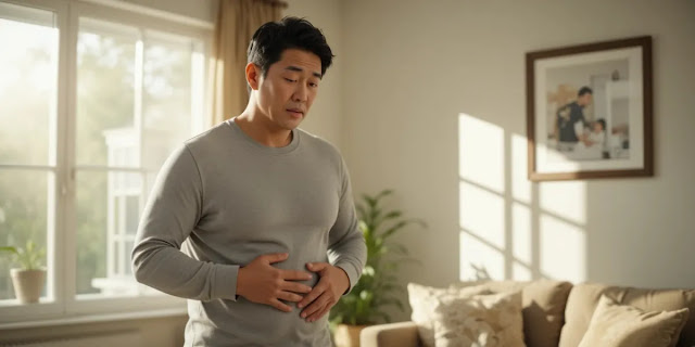 내장지방 빼는 법 원리를 고민하는 장면 거실에서 자신의 복부 상태를 살피며 건강을 걱정하는 모습