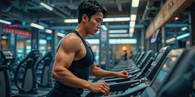 헬스장에서 땀을 흘리며 고강도 인터벌 운동을 하는 장면