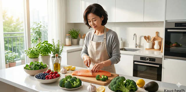 대사 효율 높이기 위해 만성 염증에 좋은 음식을 먹는 모습 몸속 염증 제거 식단 위해 항염 식품을 준비하는 모습
