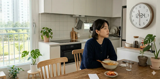 면 요리 섭취 후 시계를 보며 걷기 시작 시간을 체크하는 모습