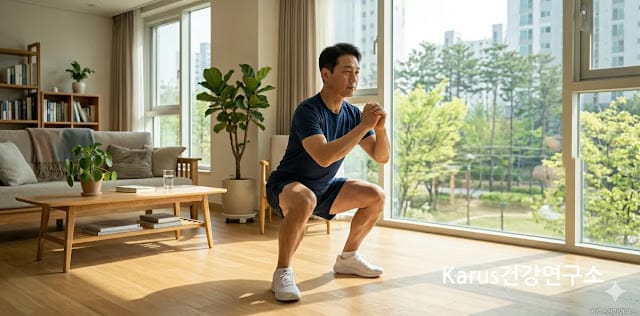 대사 엔진을 깨우기 위해 스쿼트 자세를 잡는 모습 거실에서 하체 근력 운동 효과 보려 스쿼트하는 모습