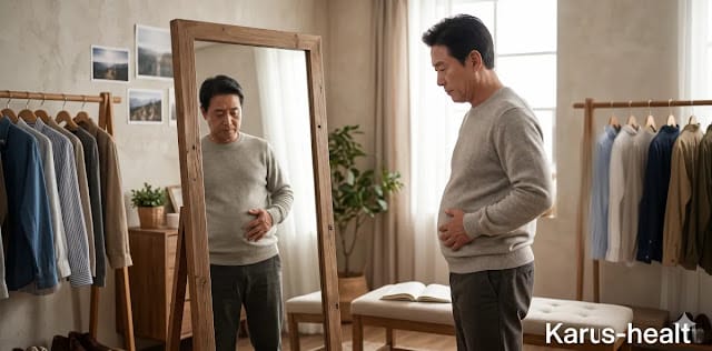 내장지방 상태에 따라 신체 변화를 관찰하는 모습 마른 비만 탈출법 위해 복부 상태를 확인하는 모습