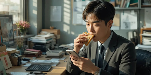 스마트폰을 보며 급하게 샌드위치를 먹는 모습