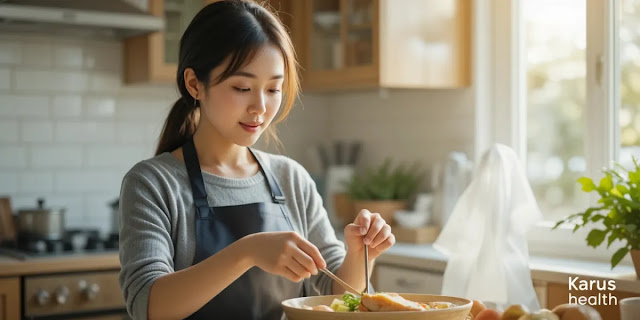 주방에서 단백질 섭취 권장량 맞춘 식단 준비하는 모습