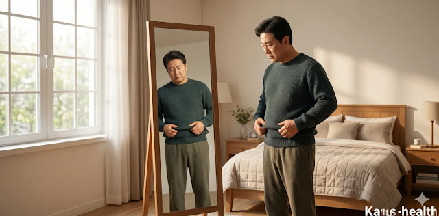 거울을 보며 나잇살로 인 체형 변화를 살피는 모습