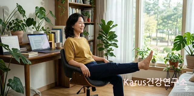 집에서 틈틈이 하체 근력을 단련하는 모습 의자에 앉아 하체 근력 운동 효과 위해 다리 드는 모습