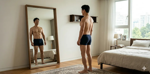 방 안에서 건강한 체격의 남성이 거울을 보며 몸 상태를 살피는 장면