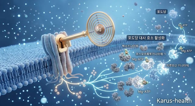 세포 문을 열어 당 대사 효율을 높여주는 모습 포도당 대사 효소 활성화 돕는 마그네슘 작용 모습