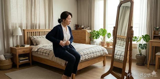 체형 변화에 따라 근육 상태를 스스로 살피는 모습 거울을 보며 나잇살 근육 손실 구별 방법 확인하는 모습