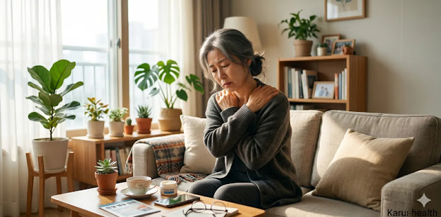 대사 정체 원인 파악을 위해 부종 상태를 살피는 모습 만성 염증으로 아침마다 몸이 쑤시는 통증을 느끼는 모습