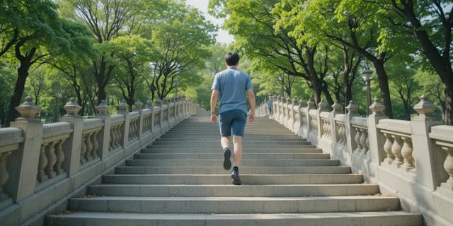 야외 계단을 오르며 하체 근육을 사용하는 건강한 활동을 하 모습