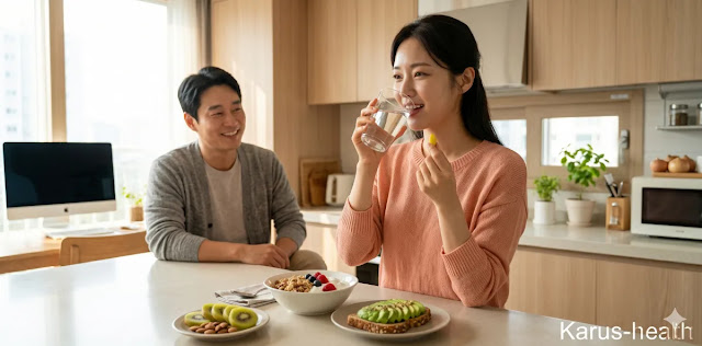 최적 섭취 타이밍에 맞춰 영양제를 복용하는 모습