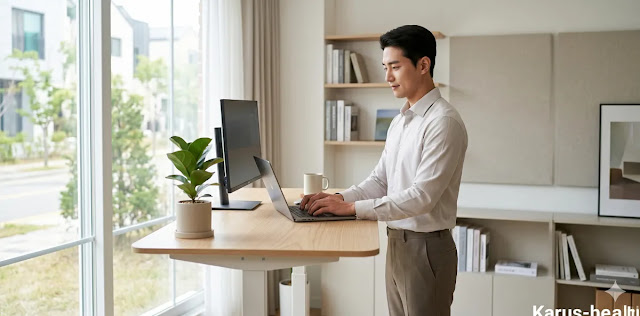 일상 속 활동 대사량 높이기 위해 서서 업무를 보는 모습