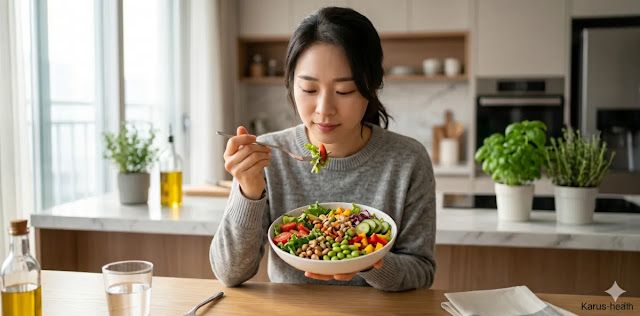장내 가스 제거 방법을 실천하며 천천히 식사 습관을 기르는 모습