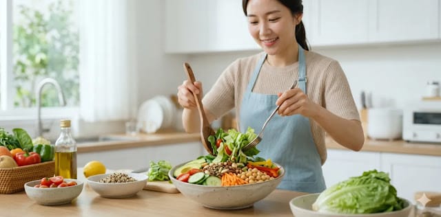 식이섬유를 섭취하기 위해 샐러드를 만드는 모습 신선한 채소로 식사를 준비하는 모습