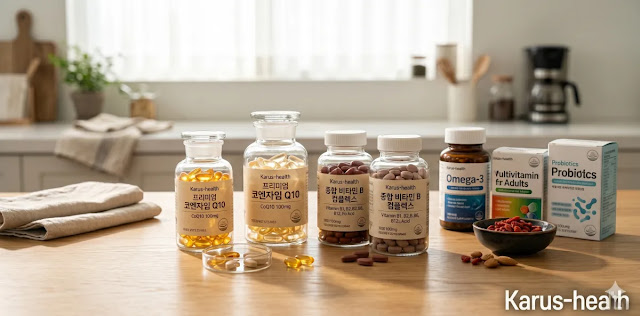 피로 회복 시너지를 위해 코큐텐과 비타민을 함께 둔 모습