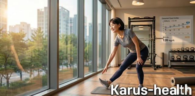 혈관 대사 관리 전략 실천을 위해 운동 루틴을 진행하는 모습 총콜레스테롤 정상수치 유지를 위해 스트레칭을 하는 모습