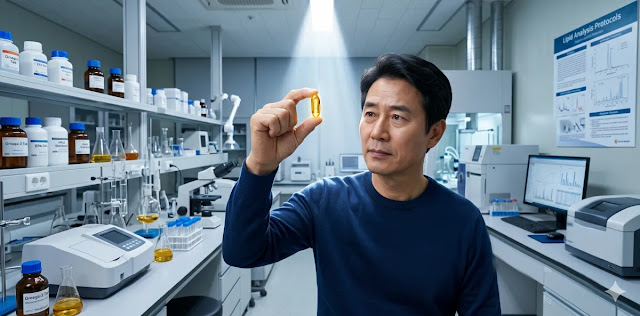 오메가3 순도 확인 방법 원칙에 따라서 캡슐을 검사하는 모습