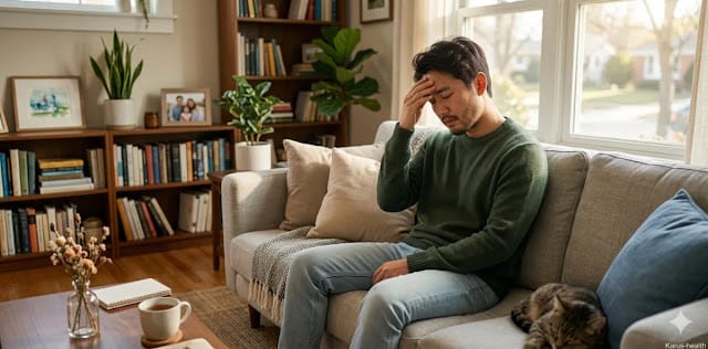 건강 상태에 따라 만성 피로 증후군 원인을 점검하는 모습 만성 피로 증후군 원인을 찾으려 자가 진단을 수행하는 모습