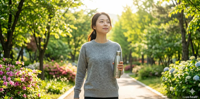 장내 환경 개선에 성공하여 가벼워진 몸으로 산책을 즐기는 모습