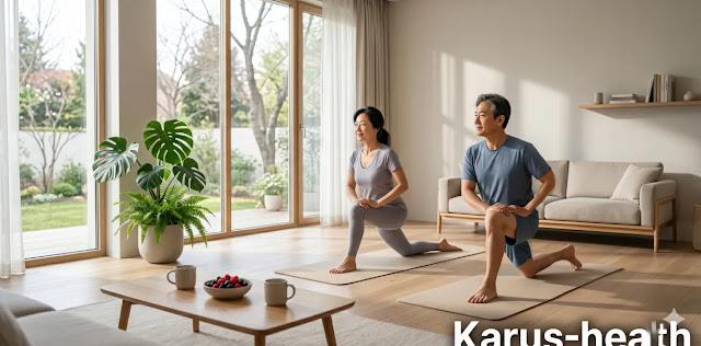 신진대사 저하 예방 방법을 위해 규칙적인 운동을 하는 모습 노년기 장 건강 수칙에 따라 가벼운 스트레칭을 하는 모습