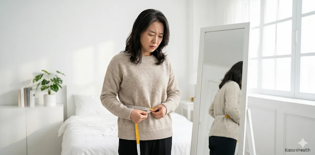 대사 증후군 자가 진단을 위해 허리둘레를 정밀하게 측정하는 모습