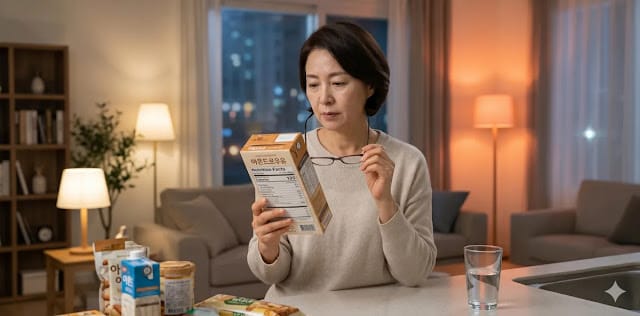 식단 구성을 위해 영양 성분을 확인하는 모습 식품 영양 성분표를 꼼꼼히 살피는 모습
