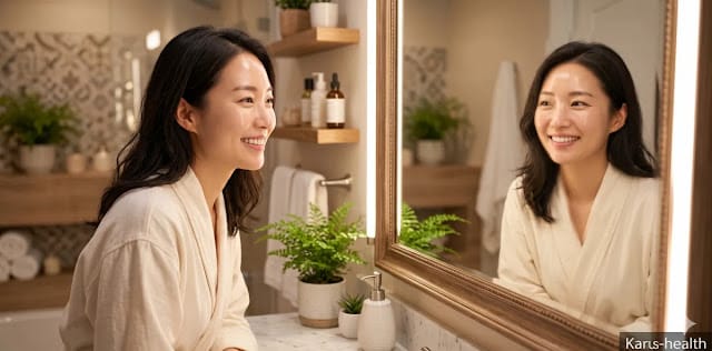 피부 미백과 해독 시너지를 위해 꾸준히 항산화 관리를 하는 모습 만성 염증 수치 낮추는 법 실천 후 맑아진 피부를 확인하는 모습