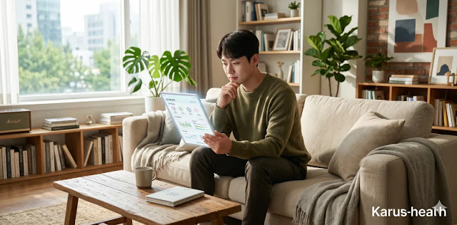 장 누수 증후군 증상 자가 진단을 위해 문진표를 작성하는 모습