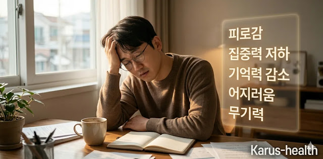 업무 중 무기력함을 느끼며 피로 증상을 자가 체크하는 모습
