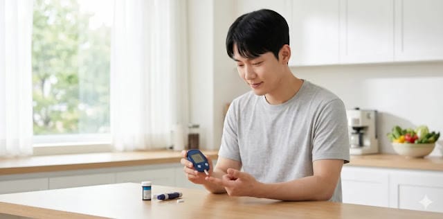 건강 관리를 위해 매일 혈당 수치를 체크하는 모습 혈당 측정기를 사용하여 수치를 확인하는 모습