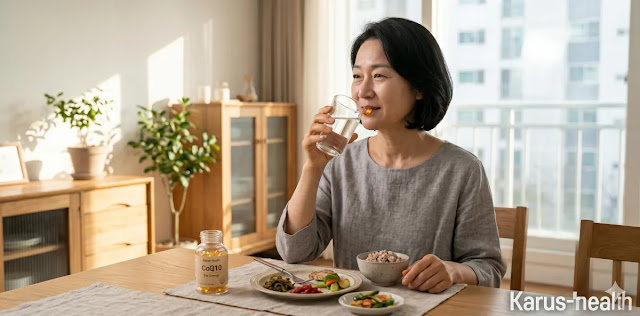 식사 직후 흡수율을 높이기 위해 영양제를 복용하는 모습