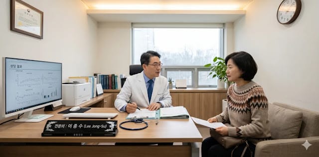 혈중 지질 수치 조절 목표를 세우려 전문의에게 자문하는 모습