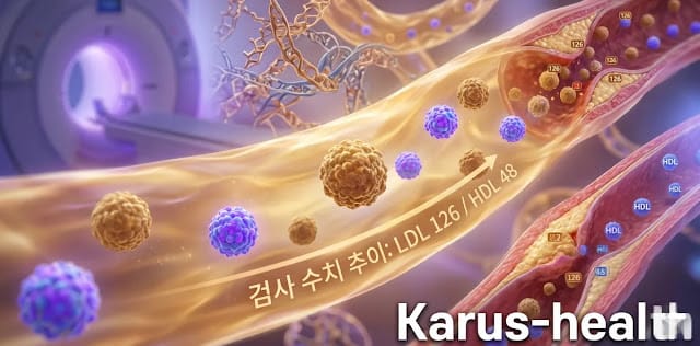 LDL 콜레스테롤 진단 지표와 혈관 벽 변화를 묘사한 모습 중성지방 정상수치 기준 초과에 따른 입자 변화를 나타낸 모습