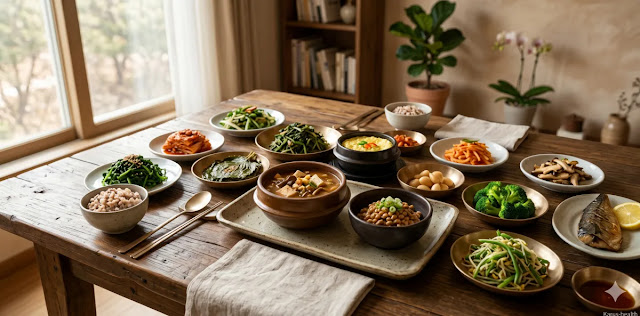 식이섬유 많은 음식을 골고루 배치하여 식단을 차리는 모습