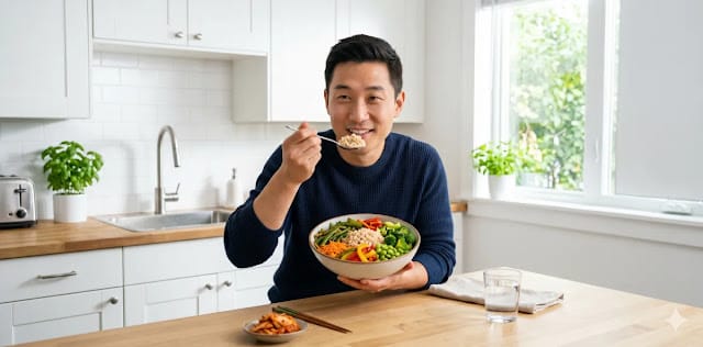 대사 증후군 예방 식단 구성에 따라 잡곡밥 위주로 식사하는 모습