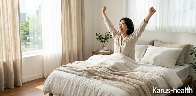 아침 햇살을 받으며 상쾌하게 일어나 활력을 느끼는 모습