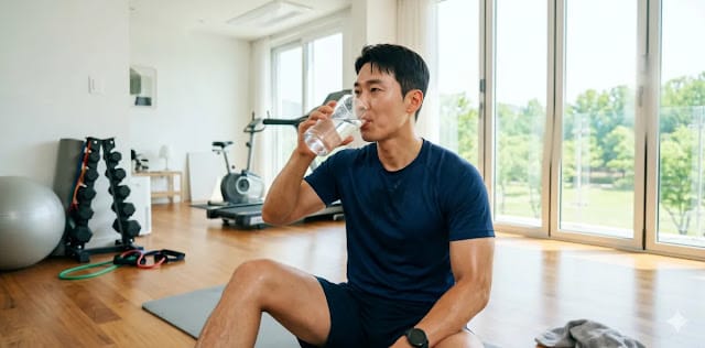 지질 대사 정상화 달성을 유도하려 실내 운동 후 물 마시는 모습