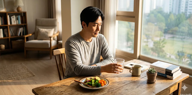 올바른 프리바이오틱스 섭취 방법에 따라 가볍게 식사하는 모습