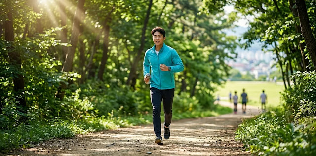 고지혈증 혈관 건강 관리 방법 원칙에 맞춰서 속보로 걷는 모습