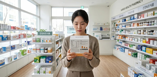 오메가3 효능 성분 배합비를 읽으려고 영양제 상자를 보는 모습