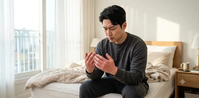 망가진 대사 흐름에 따라 안 좋은 체내 독소 배출 문제를 아주 심각하게 느끼는 모습 아침에 일어나서 원활한 체내 독소 배출 실패로 부어오른 손을 자세히 보는 모습