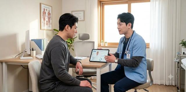 안전한 치료를 위해 의사에게 무서운 만성 염증 증상 문제점을 자세히 확인하는 모습 병원에서 전문의에게 심각한 만성 염증 증상 관련 진단 설명을 아주 집중해서 듣는 장면