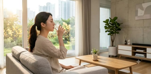 건강한 신체 대사를 위해 가장 안전한 염증 수치 낮추는 법 과정을 꼼꼼히 실천하는 모습 아침에 미지근한 물을 마시면서 확실한 염증 수치 낮추는 법 과정을 직접 실천하는 모습