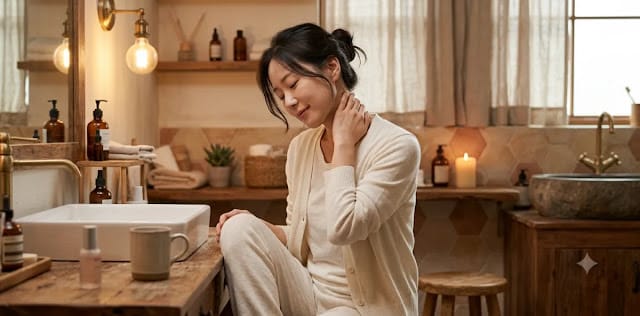 막힌 혈액 순환을 풀기 위해 가장 효과적인 전신 해독 방법을 확인하는 모습 욕실에서 림프절을 직접 부드럽게 마사지하며 전신 해독 수칙을 지키는 모습